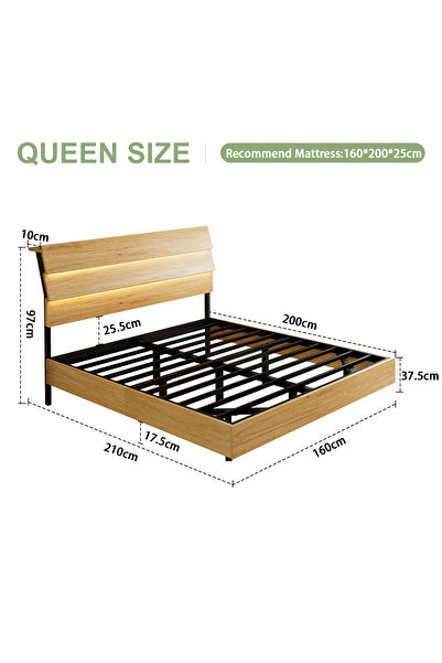 Yanara Queen Oak Floating Bed LED lights, charging station, storage headboard...