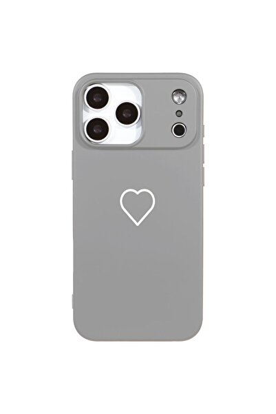 Casen iPhone 17 Pro Gri Lansman Renkli Silikon Beyaz Kalp Desenli Kamera Koru...