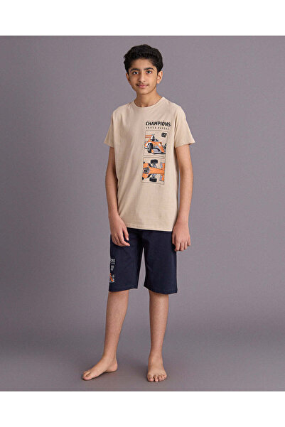 REDTAG Senior Boys Beige Printed Pyjama Set 2 Piece