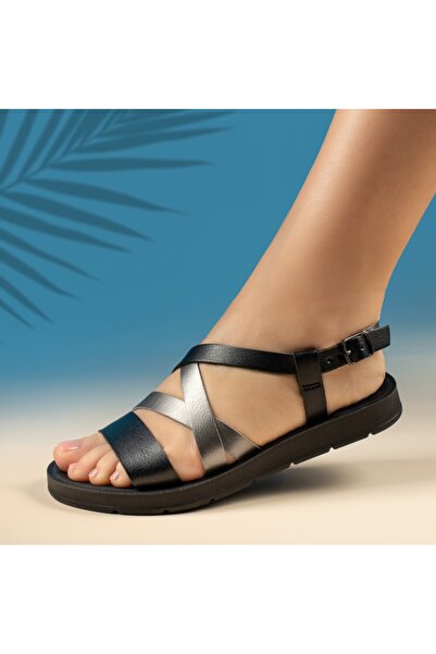 Modlet.ro Women's black flat sandals with strap MOD14316