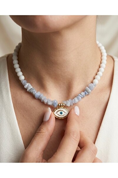 Glowisters Jewelry Kadın Mavi Kırık Doğal Taş Ve Beyaz Boncuklu Mineli Göz Fi...