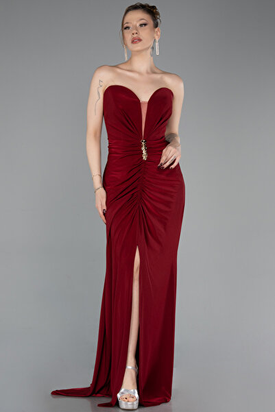 Abiyefon Bordo Straplez Yırtmaçlı Uzun Büyük Beden Abiye ABU6097