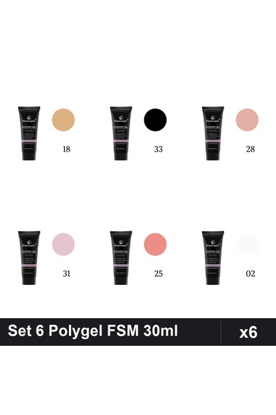 FSM Set 6 Polygel 30ml - Nr.02, Nr.18, Nr.25, Nr.28, Nr.31, Nr.33