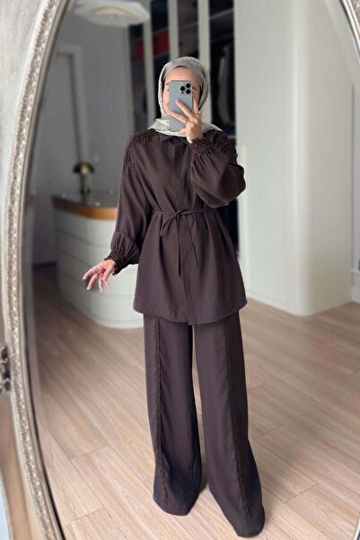 Ka Hijab Double Suit with Lace Detail on the Sleeve - Brown