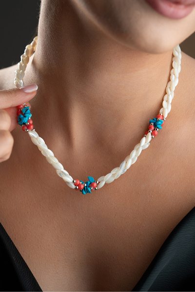 Silvano Jewelry Mercan Turkuaz Doğal Taş Çelik Kolye