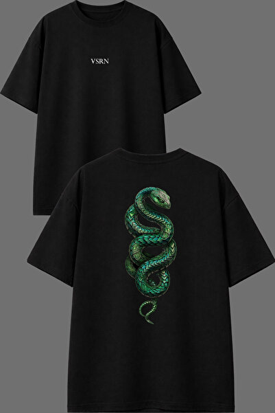 VSRN Tricou oversize negru cu imprimeu față și spate, design Green Nervous Snake
