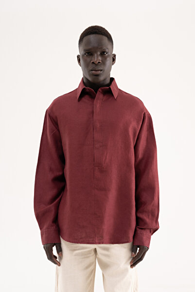 Machinist Men's Basic Linen Shirt Claret Red