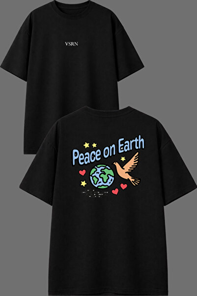 VSRN Peace on Earth Design Front and Back Printed Black Oversize T-Shirt