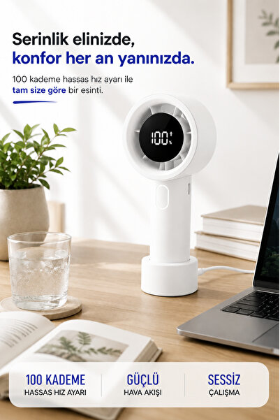 Yussraw 100 Kademe Dijital Ekranlı Mini Masaüstü ve El Fanı USB Şarjlı Taşınabilir El Fanı Ayrılabilir Standlı