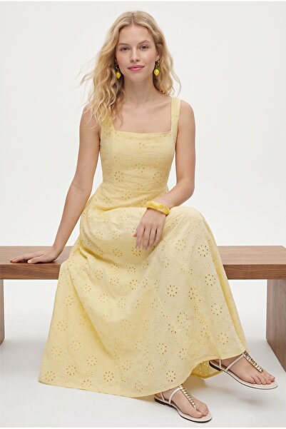 Ritnice Women's April Fisto Embroidered Lined Sleeveless Long Woven Yellow Dress