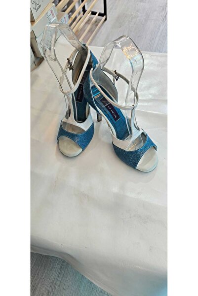 Lo Mejor Shoes حذاء رقص أزرق وأبيض بطول كعب 9 سم وارتفاع 15 بونت للرقص والتان...