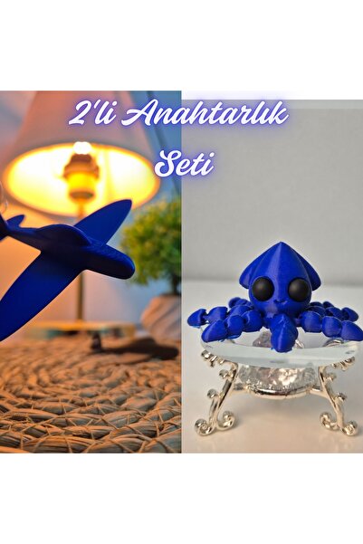 3DAtölyeMaker Blue Airplane and Blue Squid Keychain