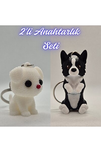 3DAtölyeMaker White Knitted Patterned Dog and Black Border Flexible Dog Keychain