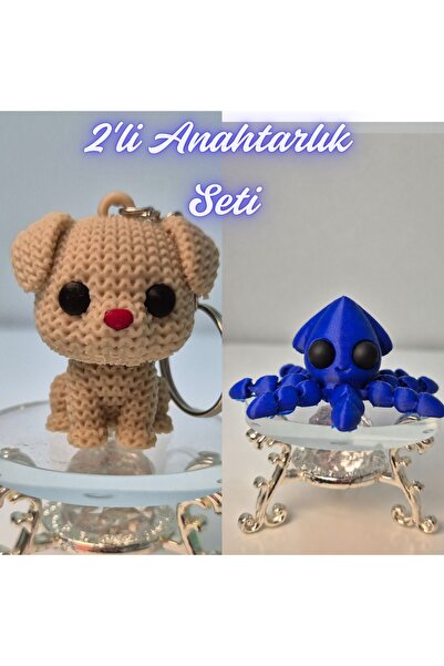 3DAtölyeMaker Cream Knitted Patterned Dog and Blue Squid Keychain