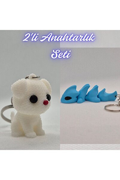 3DAtölyeMaker White Knitted Patterned Dog and Light Blue Flexible Dragon Keyc...