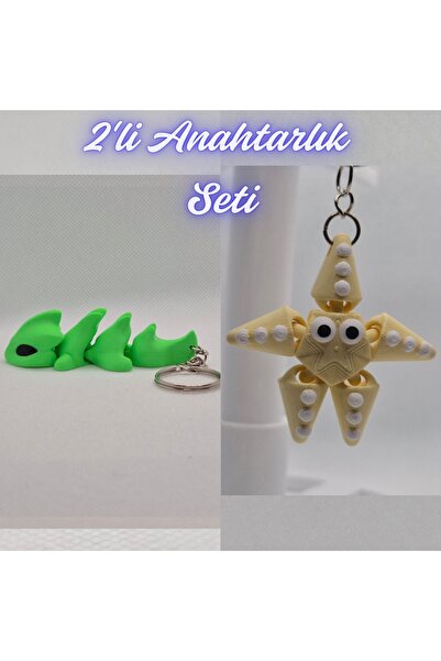 3DAtölyeMaker Green Flexible Dragon and Light Yellow Moving Starfish Keychain