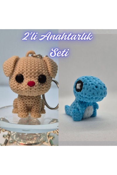 3DAtölyeMaker Cream Knitted Patterned Dog and Light Blue Knitted Patterned Mo...