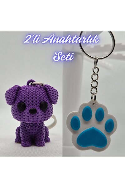 3DAtölyeMaker Purple Knitted Patterned Dog and Light Blue Cat Paw Keychain