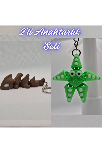 3DAtölyeMaker Dark Brown Flexible Dragon and Green Moving Starfish Keychain