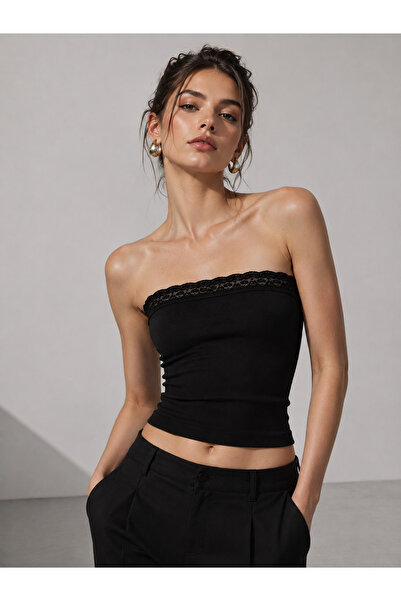 GEMA MODA Kadın Dantel Detaylı Straplez Fitilli Crop Atlet
