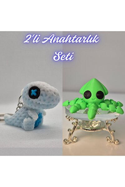 3DAtölyeMaker White Knitted Pattern Moving Dino and Light Green Squid Keychain