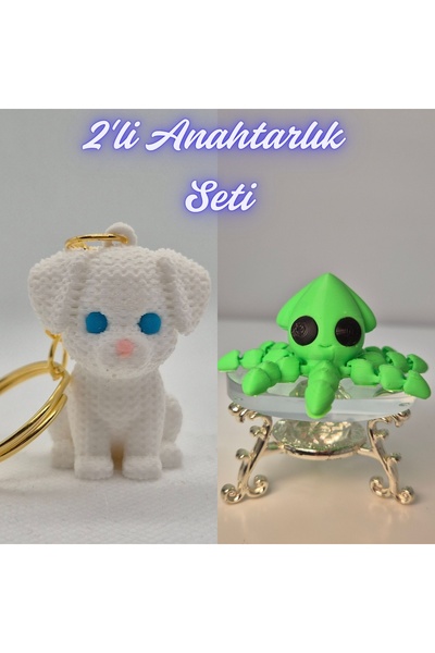 3DAtölyeMaker White Knitted Pattern Dog-2 and Light Green Squid Keychain