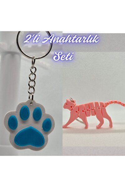 3DAtölyeMaker Light Blue Cat Paw and Light Pink Flexible Cat Keychain