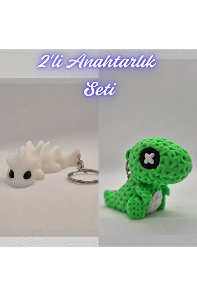 3DAtölyeMaker White Flexible Dragon and Green Knitted Pattern Moving Dino Key...