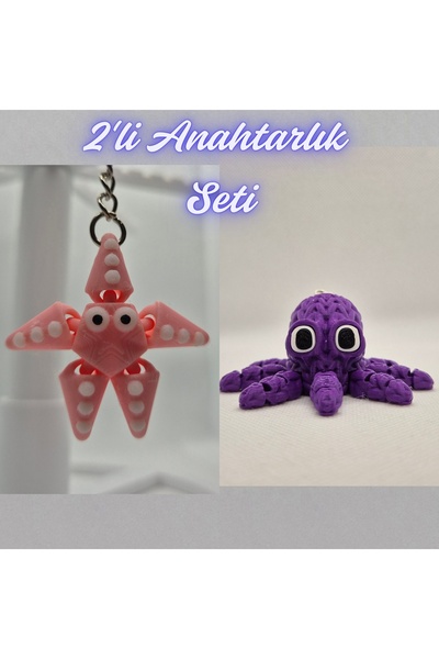 3DAtölyeMaker Pink Moving Starfish and Purple Knitted Pattern Octopus Keychain