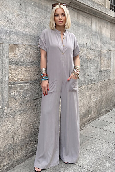 Pasaklı Giyim Women's Gray Hakim Collar Short Sleeve Pocketed 100% Viscose Lo...