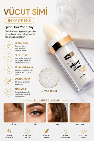 Yenilig Vücut Simi Beyaz Renk Işıltılı Sim Tozu Parlak Görünüm Veren Glitter ...