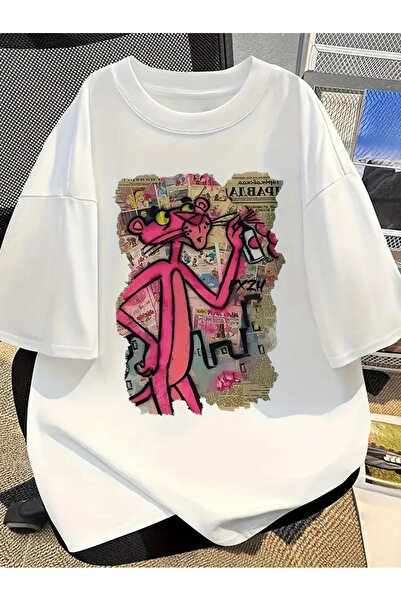 Le Savu Pink Panther Printed Unisex Oversize T-Shirt