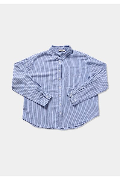 Colin's Boyfriend Fit Shirt Neck Striped Women's Blue Long Sleeve Shirt
