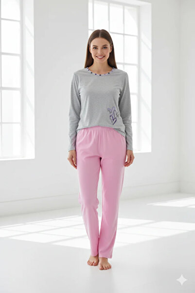 Serena Women's plus size Cotton pajamas with long gray sleeves and pink long ...
