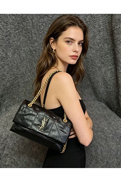saint High-quality black and gold crossbody bag with quilted chain strap, vin...