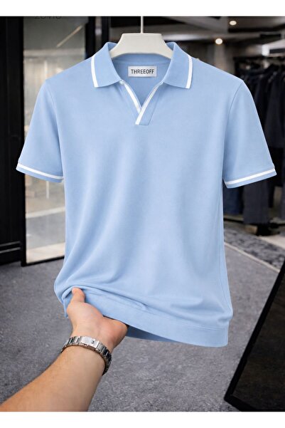 threeoff Erkek Polo Yaka Tişört Seti Oversize V Yaka Biyeli Basic Model