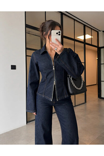 Ekim Store Set de pantaloni și jachetă cu fermoar, albastru marin, din denim