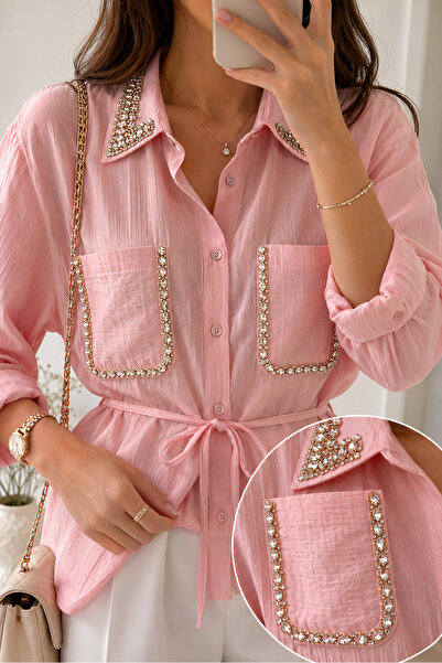 ZGfashion Kadın Taş Detaylı Bel Bağlamalı OversizePembe Gömlek Tunik Yaka ve ...