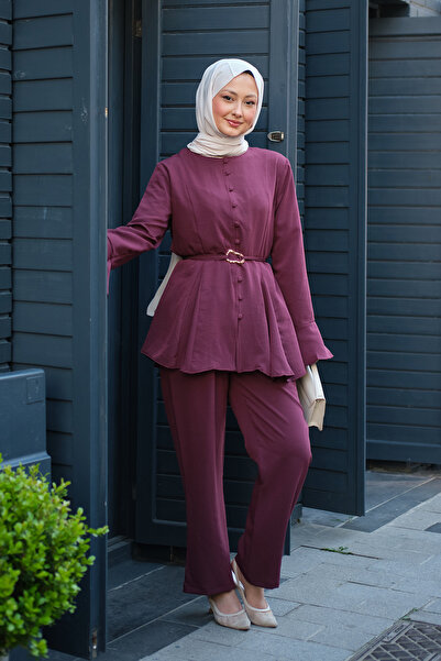 LOCCO Women's Waist-Tied Button Detail Suit Burgundy