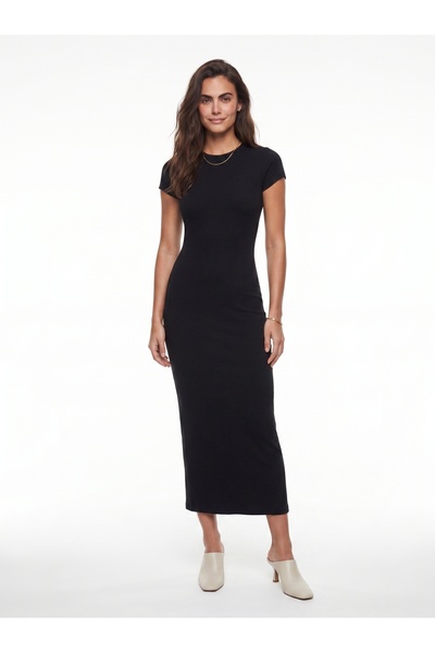 ONLOOX Black Ribbed Knitted Fabric Crew Neck Short Sleeve Bodycon Long Dress
