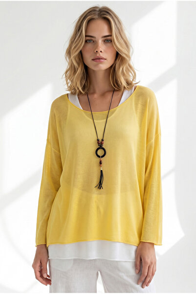Olalook Women's Yellow Boho Necklace 2-Piece Loose Fit Blouse Blz-19003385