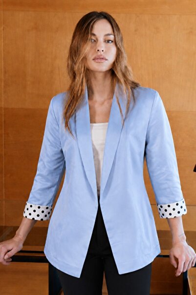 armonika Women's Baby Blue Shawl Collar Quarter Sleeve Jacket with Polka Dot ...