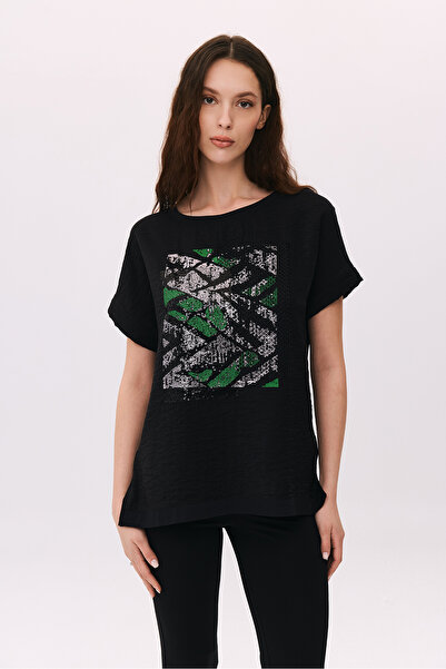 DAIDO Women's Round Neck Sequin Embroidered Low Sleeve Blouse 6250 Black