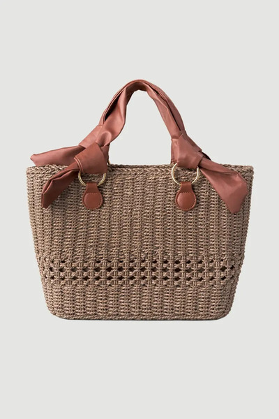 Gusto Leather Handle Straw Bag - Brown