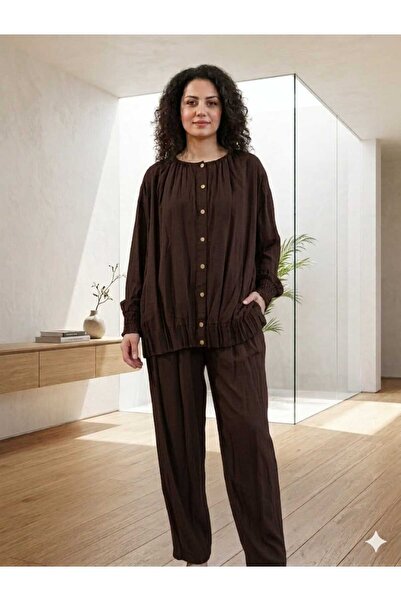 Loreen Set tunică cu pantaloni din țesătură din raion cu pliuri la capătul fu...