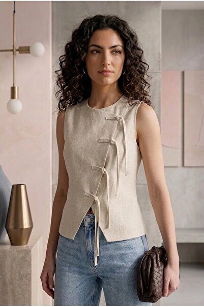 LOKADI Authentic Asymmetrical Linen Vest with Tie Detail - Sleeveless Summer ...