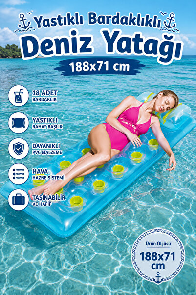 craftivio Yastıklı ve Bardaklıklı Şişme Deniz Yatağı Havuz Yatağı 188x71 cm