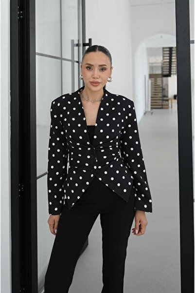 Havoş Black Polka Dot Blazer Jacket with Tie Detail on the Back