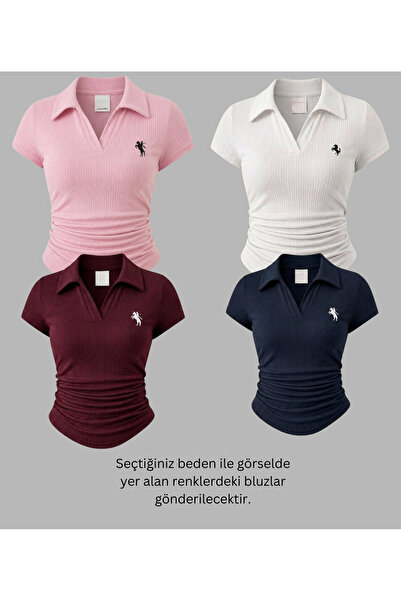 Gofeel Kadın 4 Lü Vintage Polo Yaka Fitilli Likralı Bluz