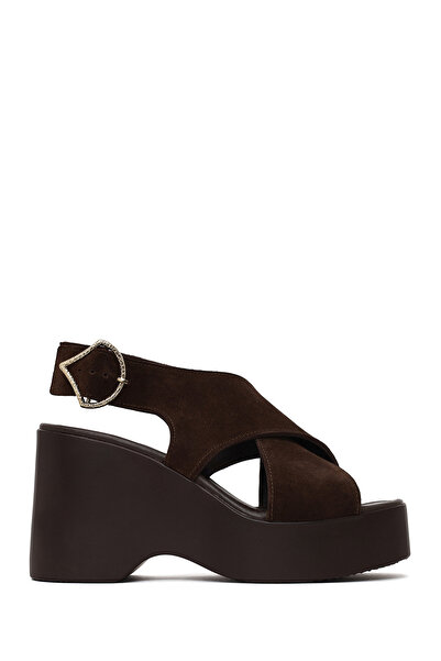 Derimod Women's Brown Leather Sandals with Back Buckle and Wedge Heel 26Sfd18...